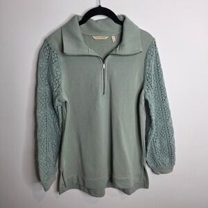 Soft Surroundings Quarter Zip Pullover Womens Small Sage Green Crochet Sleeve